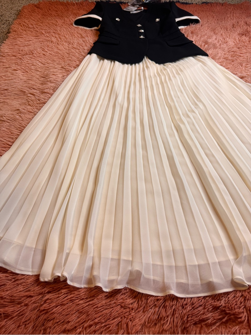 Self-Portrait Black and Cream Midi Dress with Pleated Skirt - Picture 9 of 9